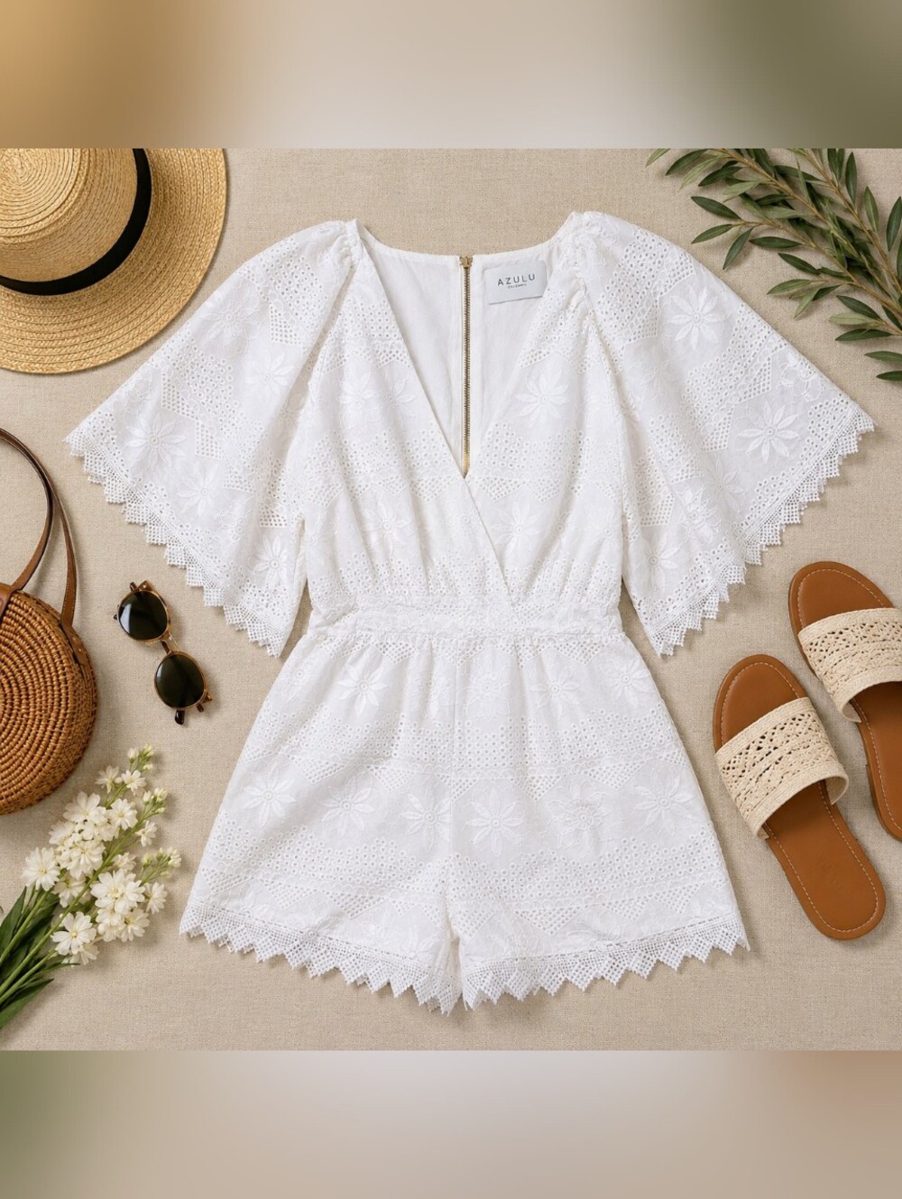 Azulu White Eyelet Lace Romper XS Cotton Resort Vacation